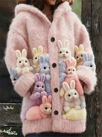 Lovely Crowded Colorful Fuzzy Bunny Cozy Hooded Cardigan
