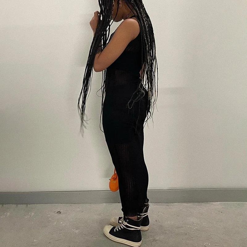 BIIKPIIK See-through Mesh Casual Straight Dresses Women Sleeveless O Neck Vintage Streetwear Fashion Clothing Black Maxi Dress