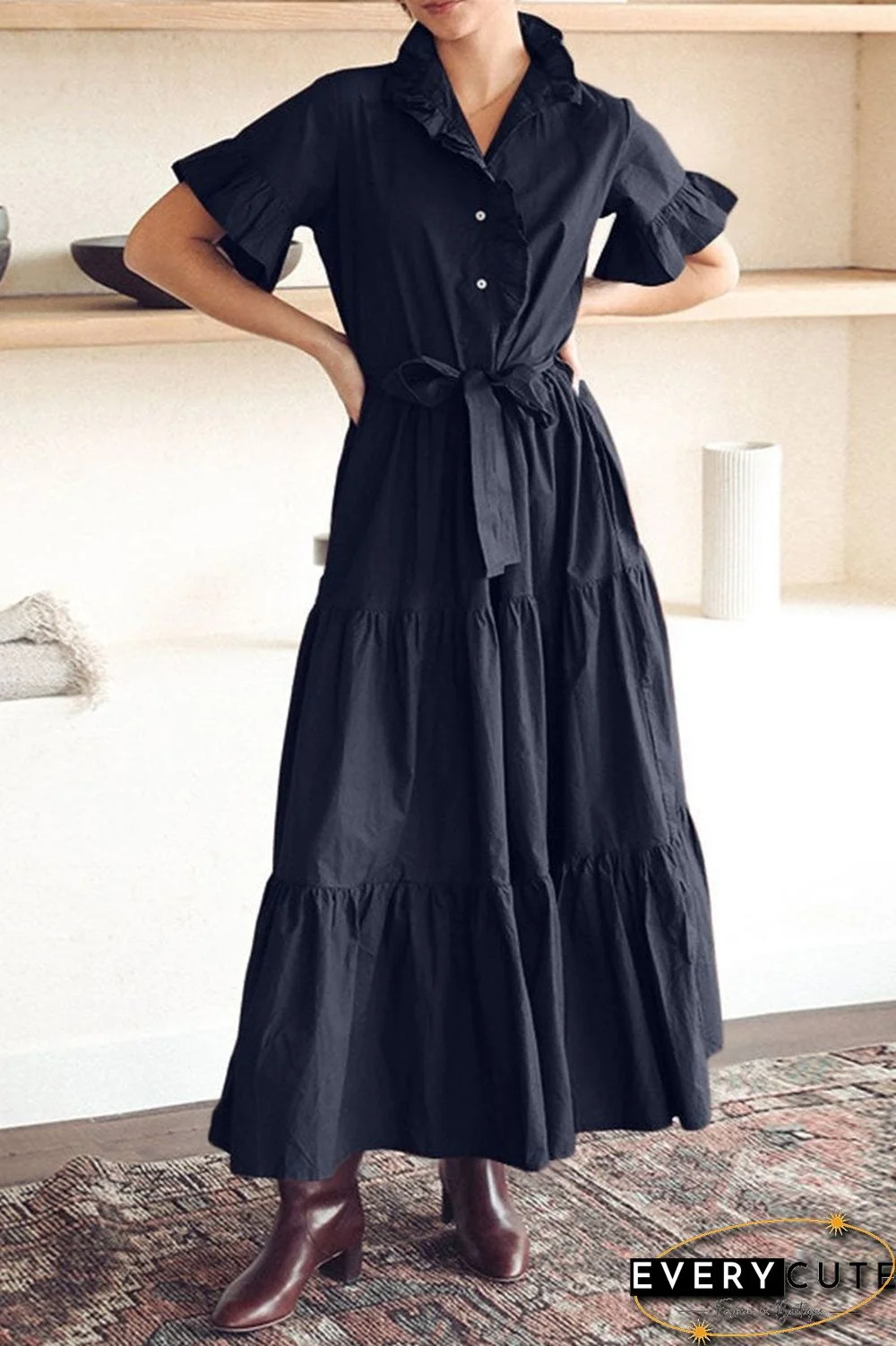 Fashion Casual Solid Split Joint Mandarin Collar A Line Dresses