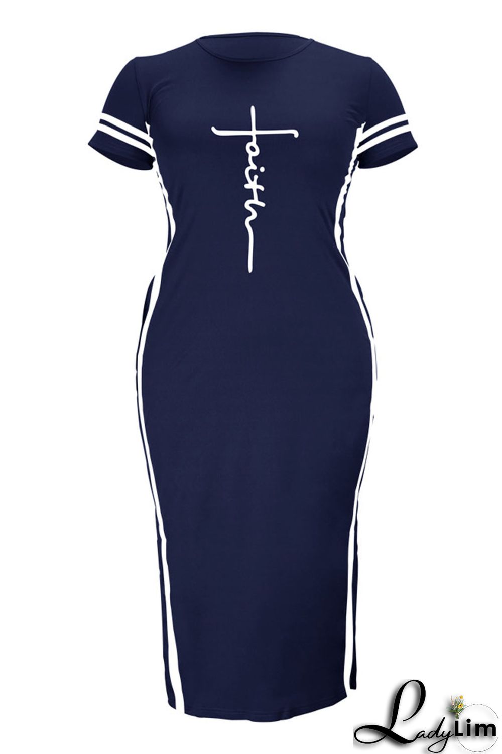 Tibetan Blue Fashion Casual Plus Size Print Slit O Neck Short Sleeve Dress