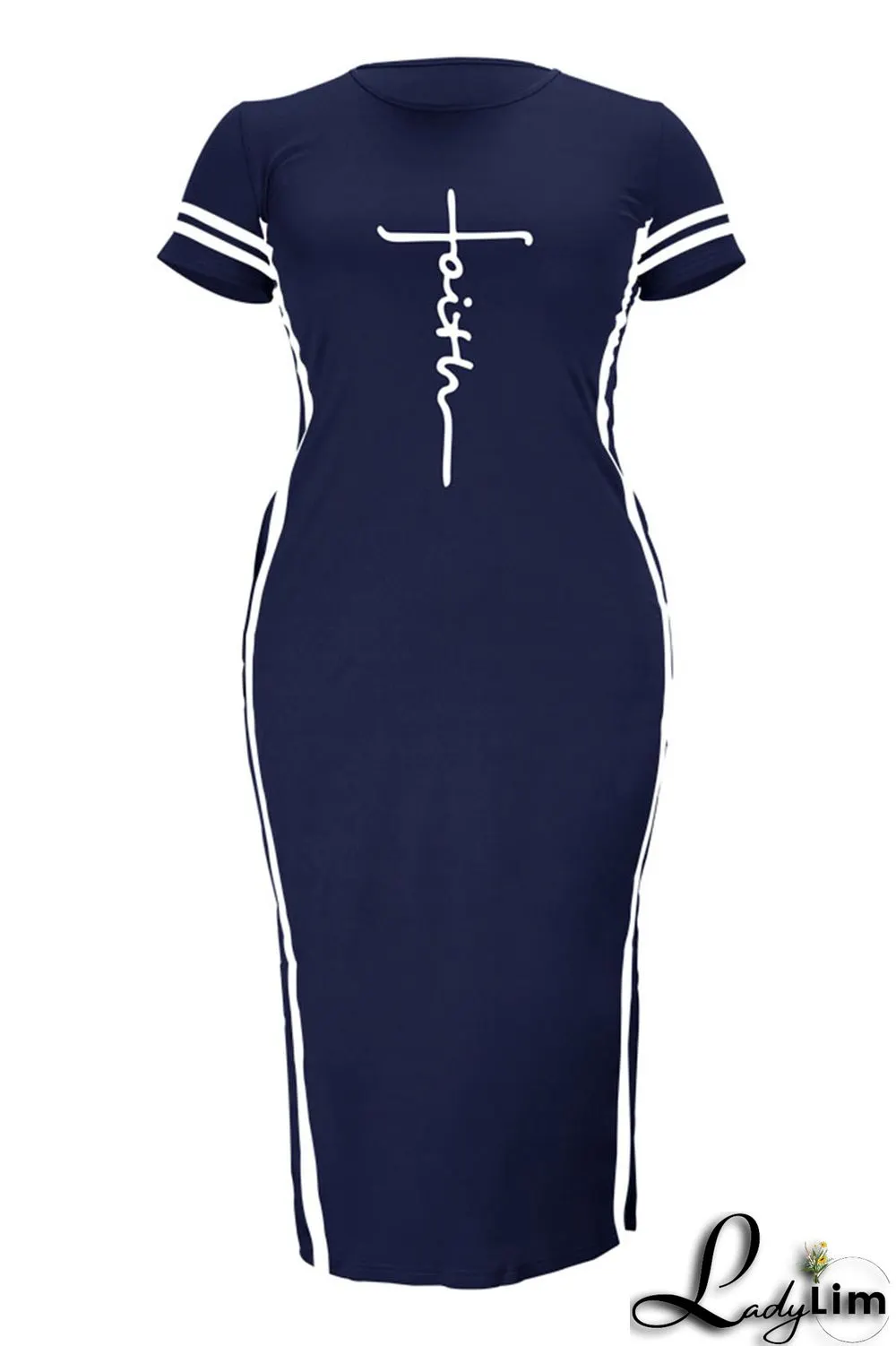 Tibetan Blue Fashion Casual Plus Size Print Slit O Neck Short Sleeve Dress