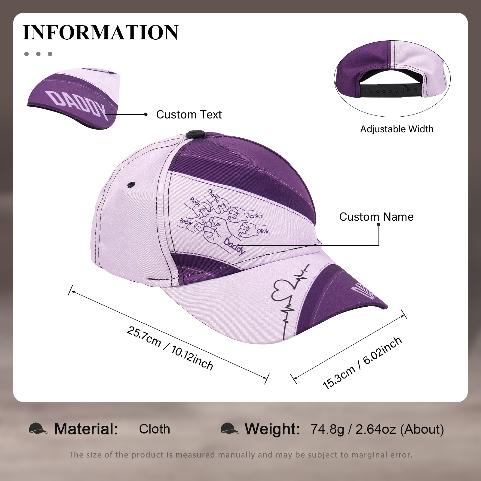 Personalised Fist Bump Classical Baseball Cap Custom 6 Names & 1 Text Snapback Adjustable Gift for Dad/Grandpa/Husband-Jessemade AU