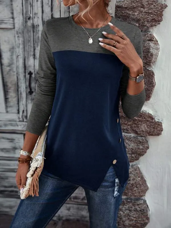 Navy Color Block Long Sleeve Top
