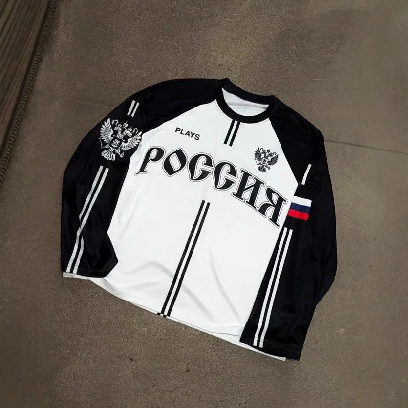 Athvotar Athvotar Retro Flag Aesthetic Long-Sleeved Jersey T-Shirt Y2k Loose Sports High Street Collar Top