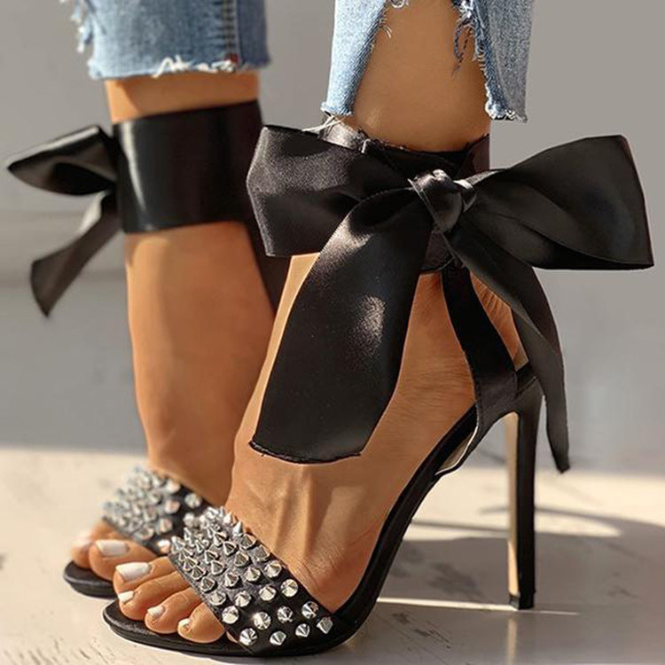 Women's black sexy studded stiletto heels | Side bowknot rivets peep toe heels