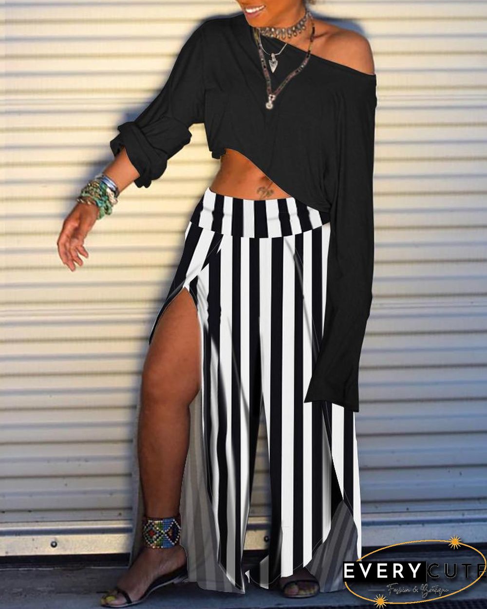 Patchwork Stripe Long Sleeve Blouse & Slit Pant Sets