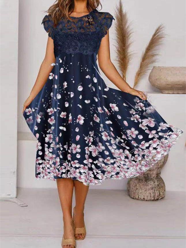 Women's Sleeveless Scoop Neck Floral Printed Lace Stitching Midi Dress