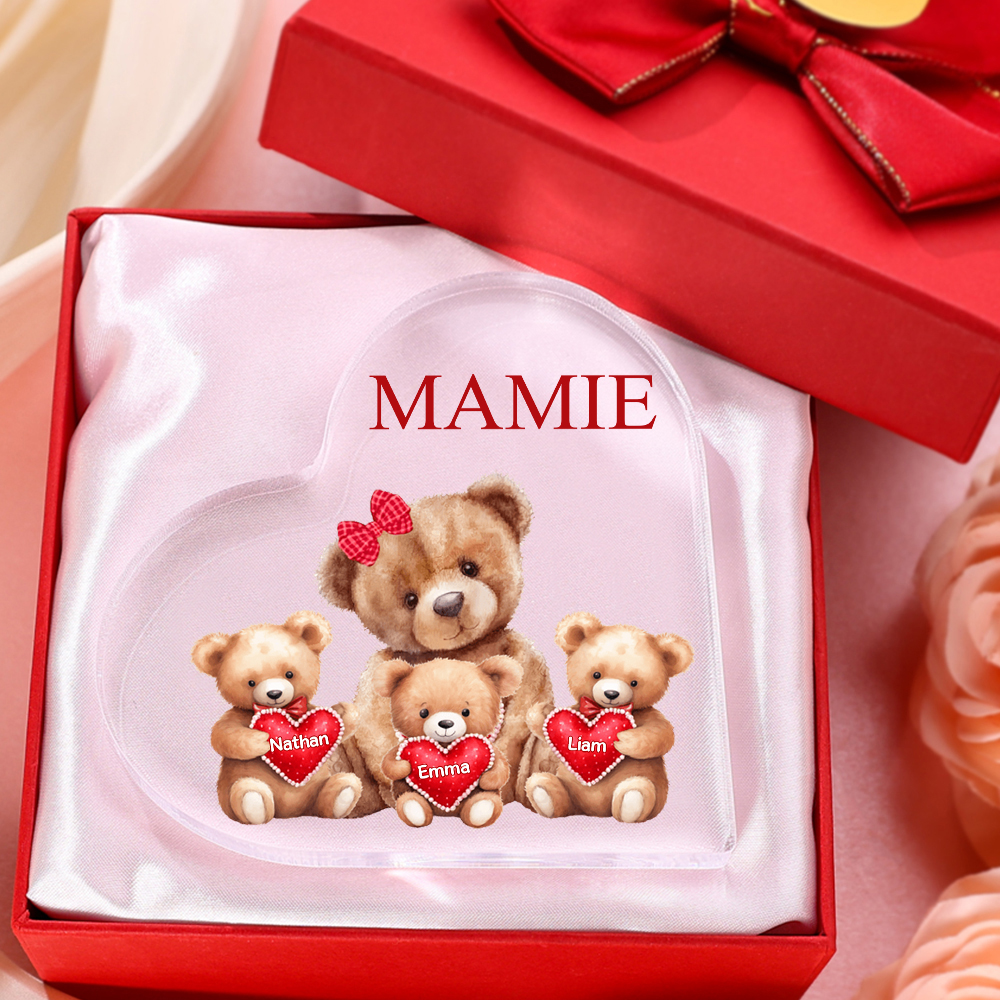 À ma Maman/Mamie - Plaque Acrylique Ours en Forme de Cœur 3 Prénoms Personnalisés avec 1 Texte