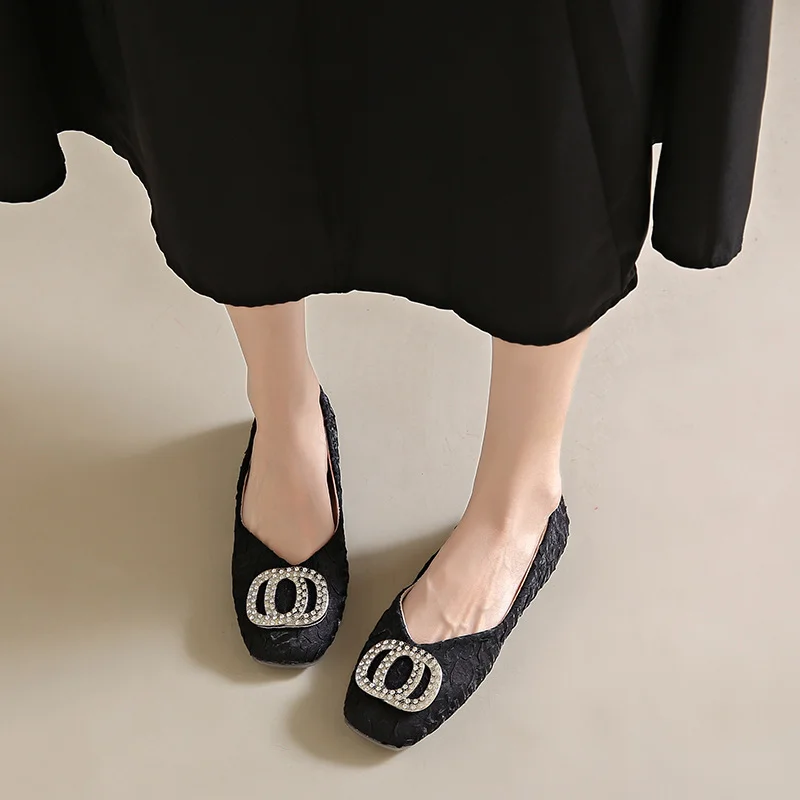 Yyvonne Water Drill Shallow Mouth Single Shoes Women's Head Flat-Soled Single Shoes Women's Spring New Folds Comfortable Soft Bean Bean Shoes