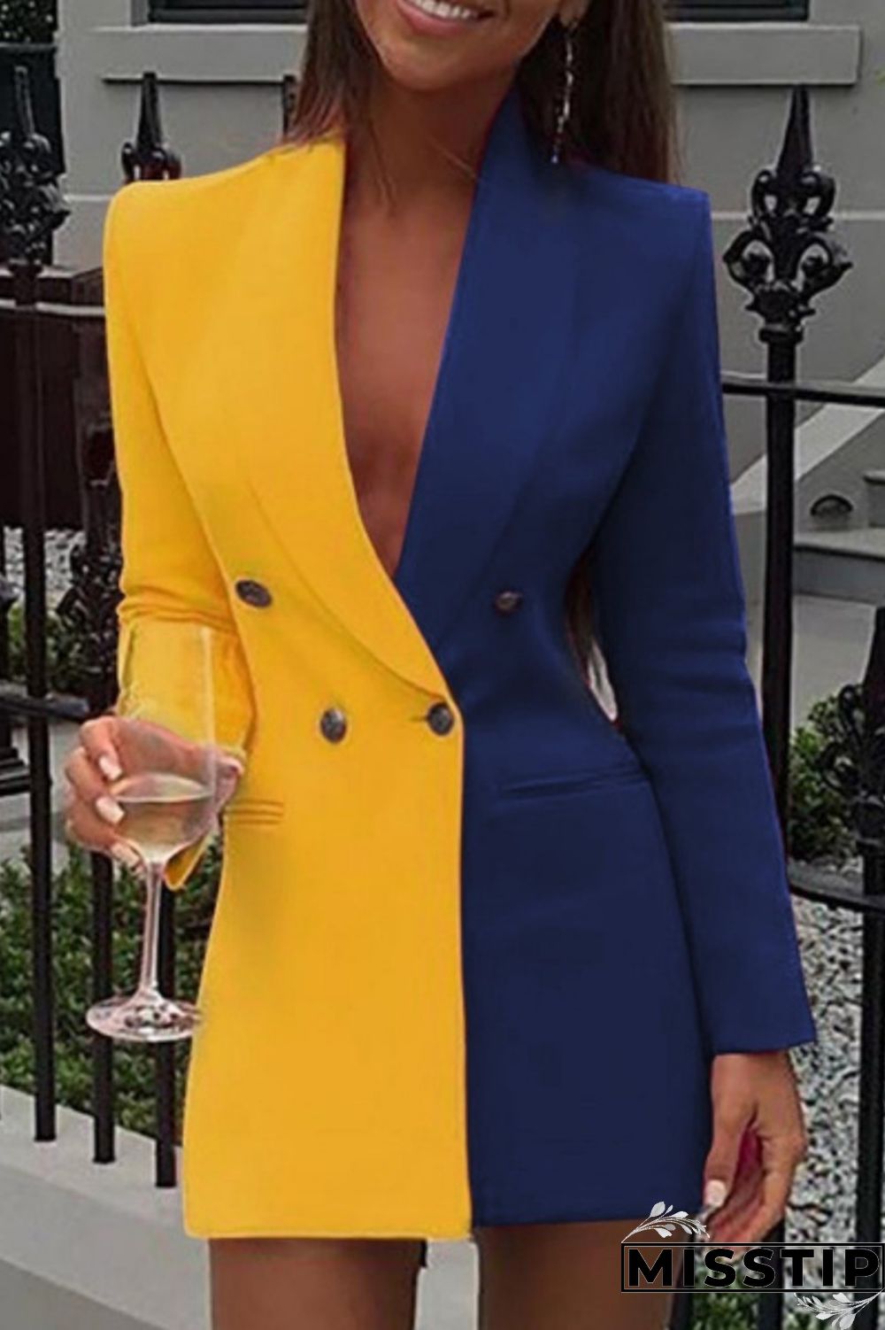 Yellow Casual Solid Patchwork V Neck Long Sleeve Dresses