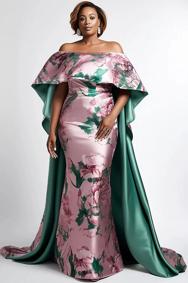 Xpluswear Design Plus Size Mother Of The Bride Pink Floral Off The Shoulder Cape Sleeve Satin Maxi Dresses