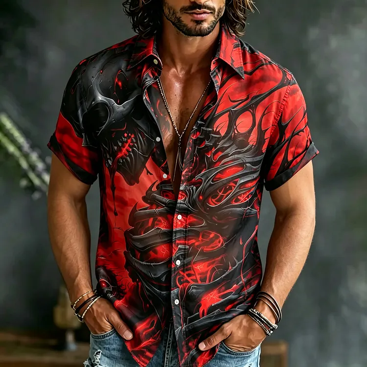 Men's Retro Halloween Skull Print Casual Shirt