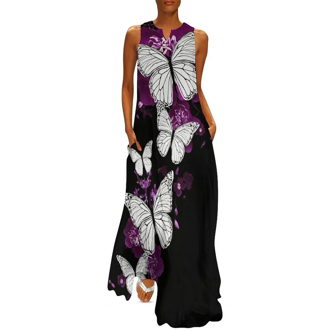 Style & Comfort for Mature Women Plus Size Printed Sleeveless Casual Women Maxi Dress with Pockets in Pattern Black, Purple, Butterfly