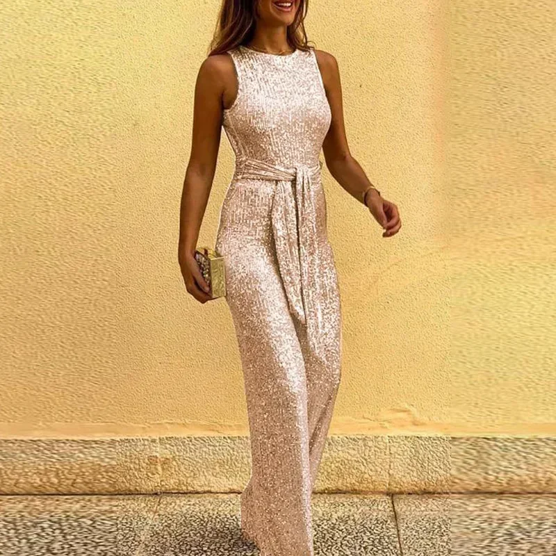 Women's Sexy Chic Sequin Open Back High Waist Slim Sleeveless Evening Party Jumpsuits