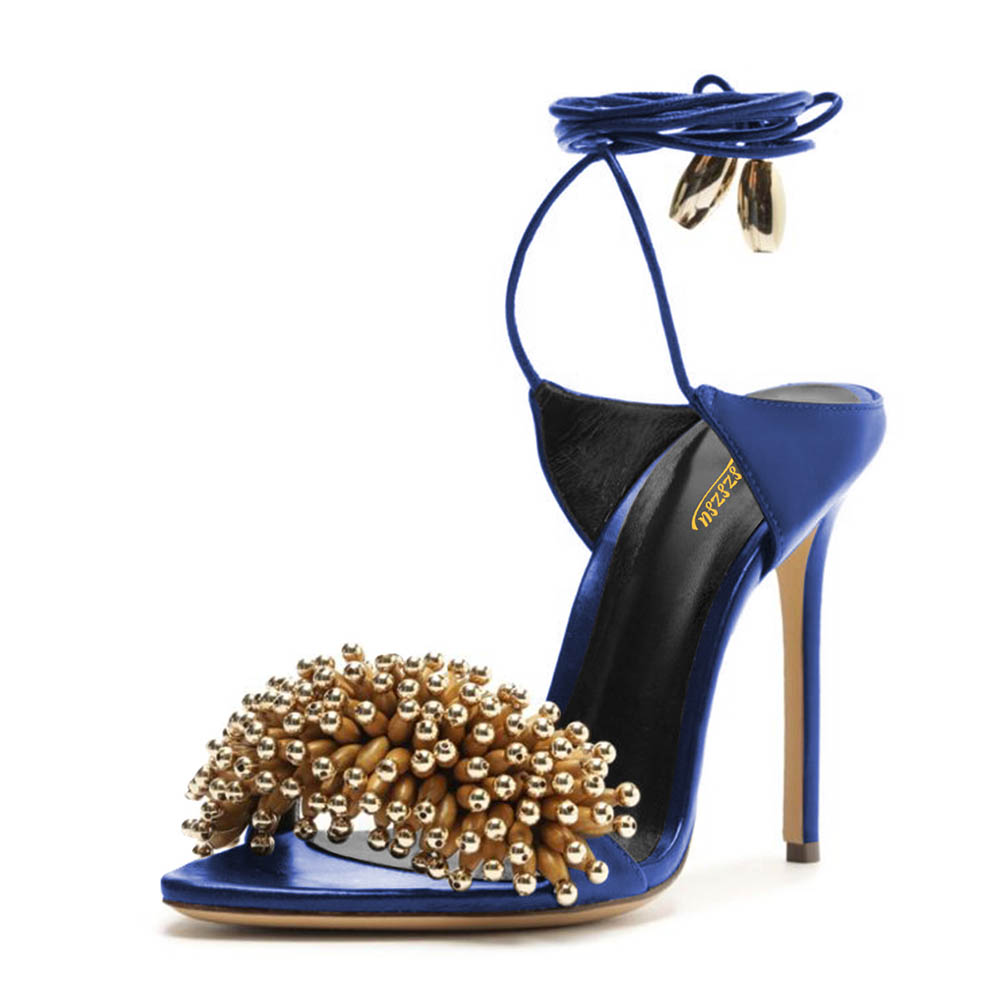 Navy Blue Pointed Toe Ankle Strap Women's Heel Sandals with Bead Nicepairs