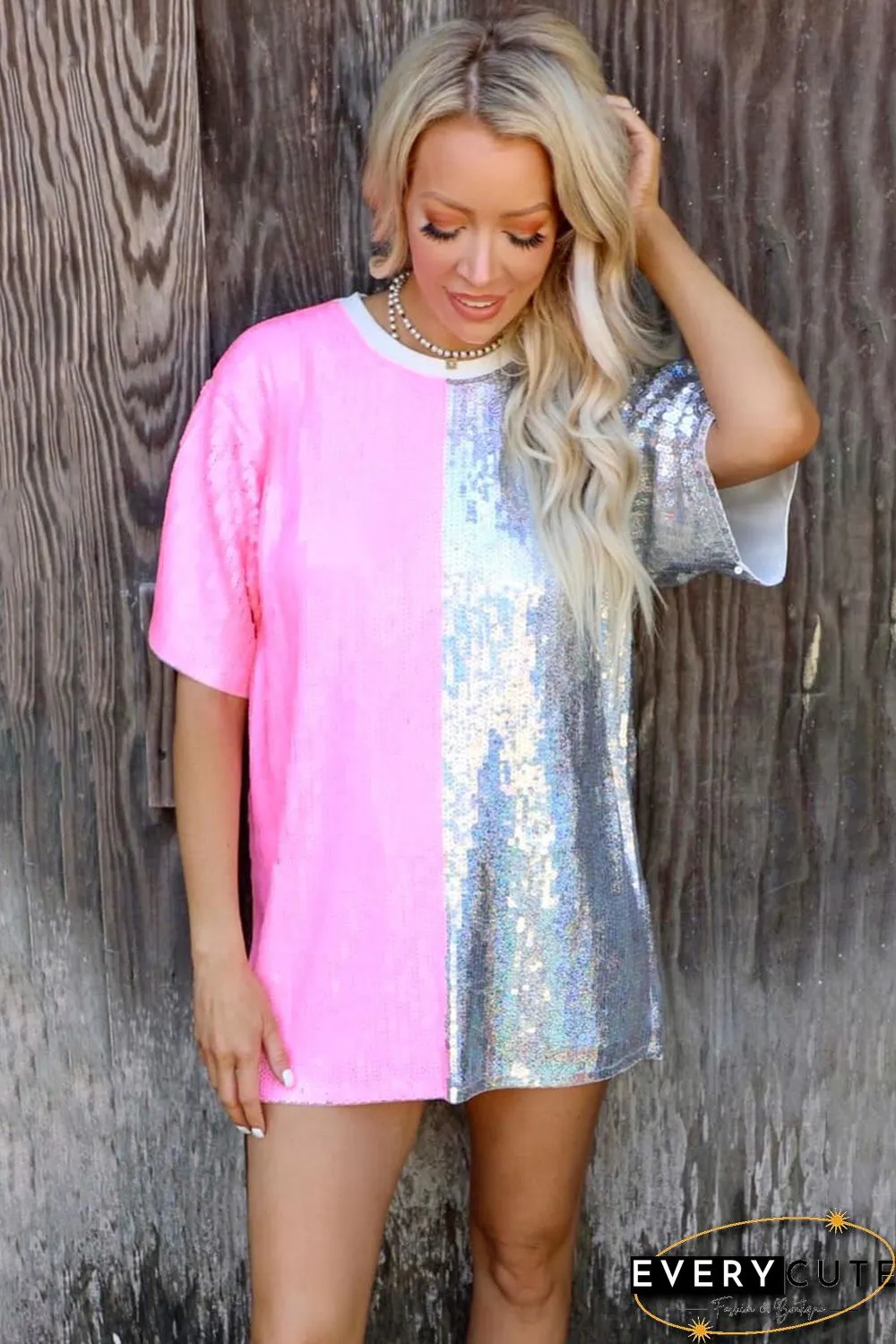 Pink Sequin Color Block Half Sleeve Shift Mini Dress