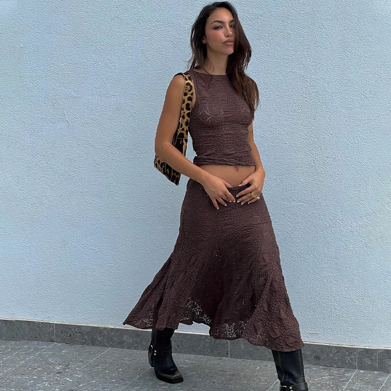 Brownm Brownm Summer New Fashion Temperament Casual Sexy Two-Piece Round Collar Short Vest Skirt