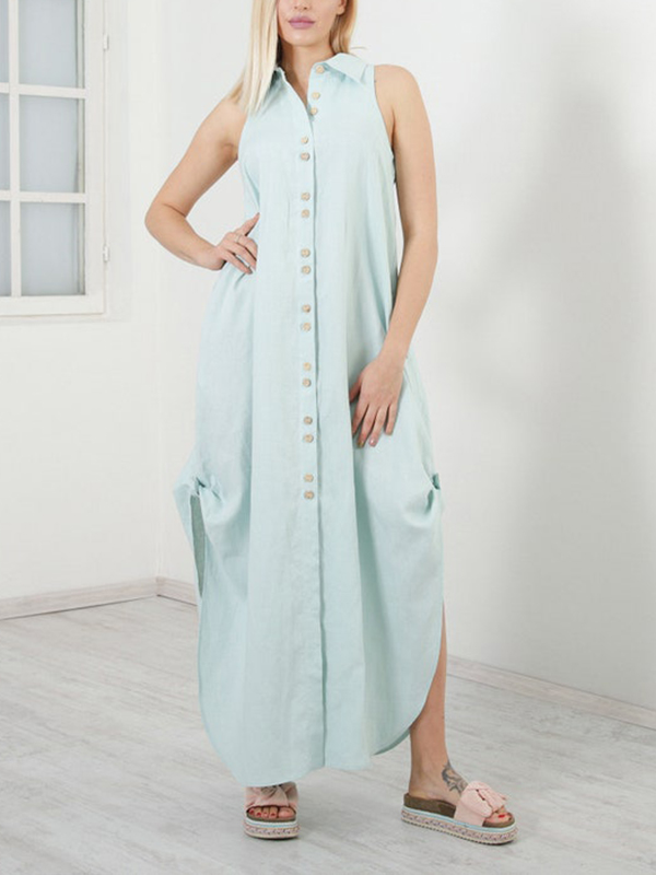 Loose Casual Sleeveless Pockets Linen Shirt Midi Dress