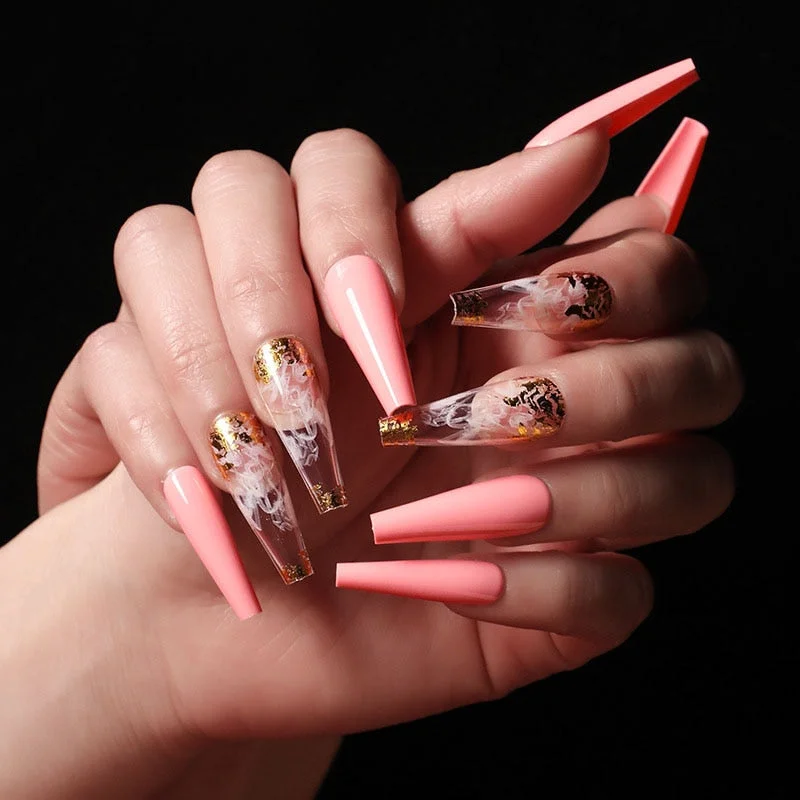 24pcs/set Long Coffin Fake Nails Pre-design Foils Decal Pink Orange Full Cover Nail Art Tips Ballerina Acrylic False Nails