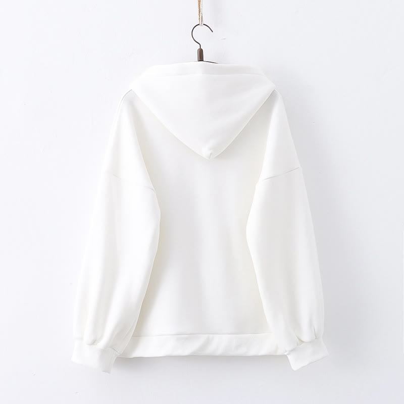 Cartoon Rabbit Print Lace Up Loose Plush Hoodie