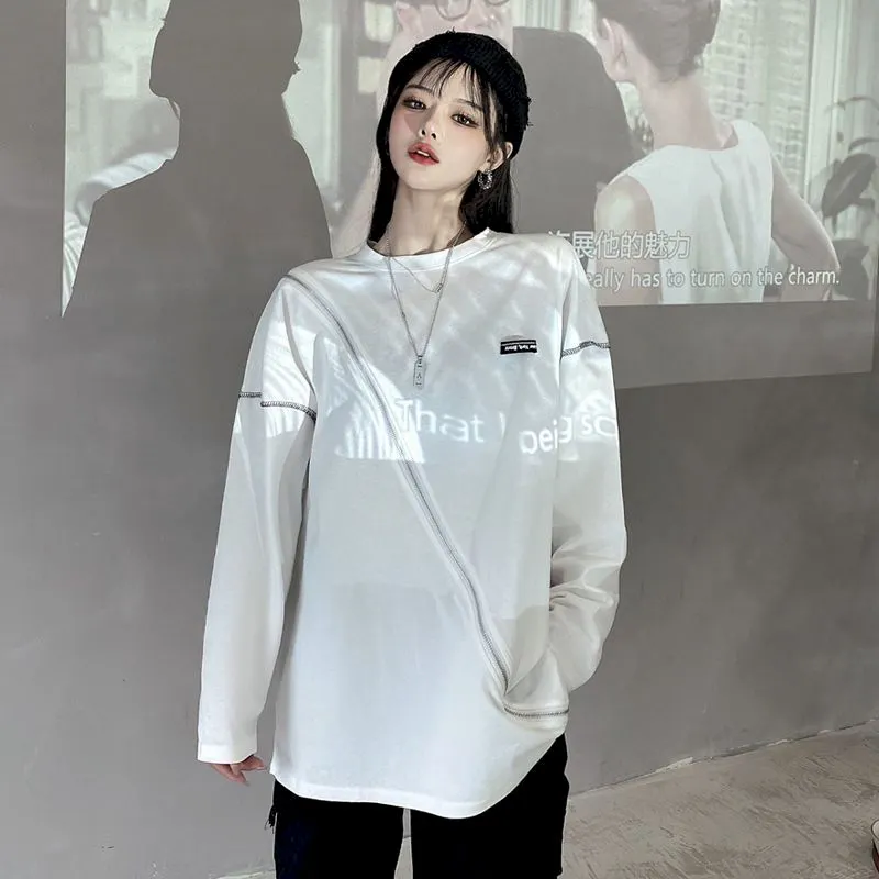 Autumn 2020 new Korean version of wild personality mid-length tops loose design long-sleeved white T-shirt female  trend