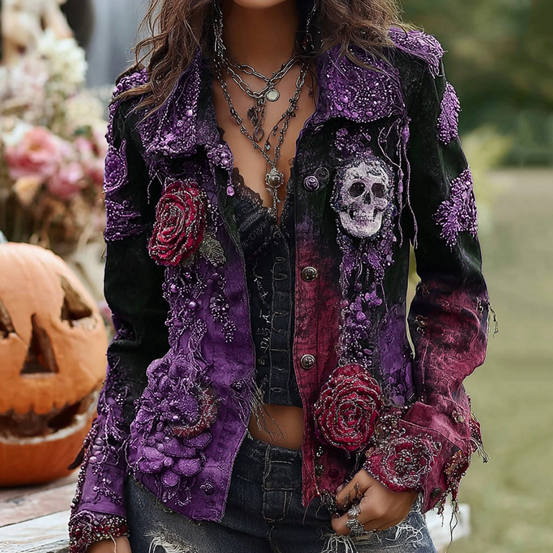 Rose Skull Embroidered Gothic Rough-contrast Denim Jacket