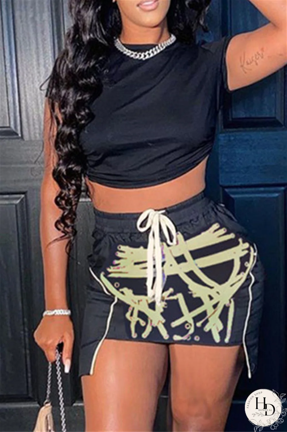 Red Fashion Sexy Print Asymmetrical O Neck Short Sleeve Two Pieces