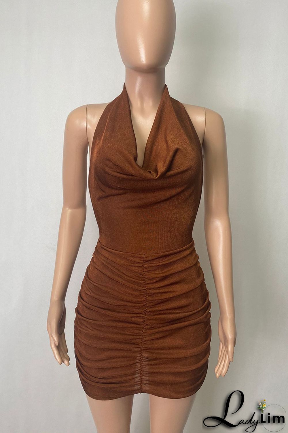 Deep Blue Fashion Sexy Solid Backless Fold Halter Sleeveless Dress