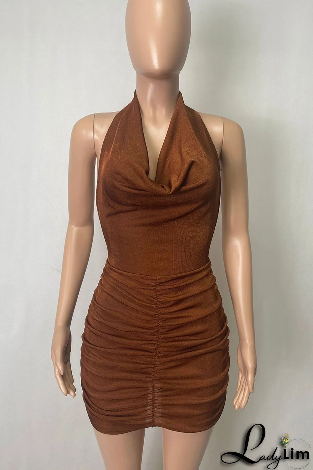 Deep Blue Fashion Sexy Solid Backless Fold Halter Sleeveless Dress