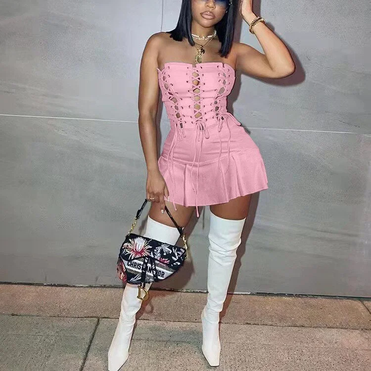 CM.YAYA Women Lace Up Strapless High Waist  Romper Playsuit 2022 Spring Summer Sexy Party Clubwear Bodycon One Piece Overalls