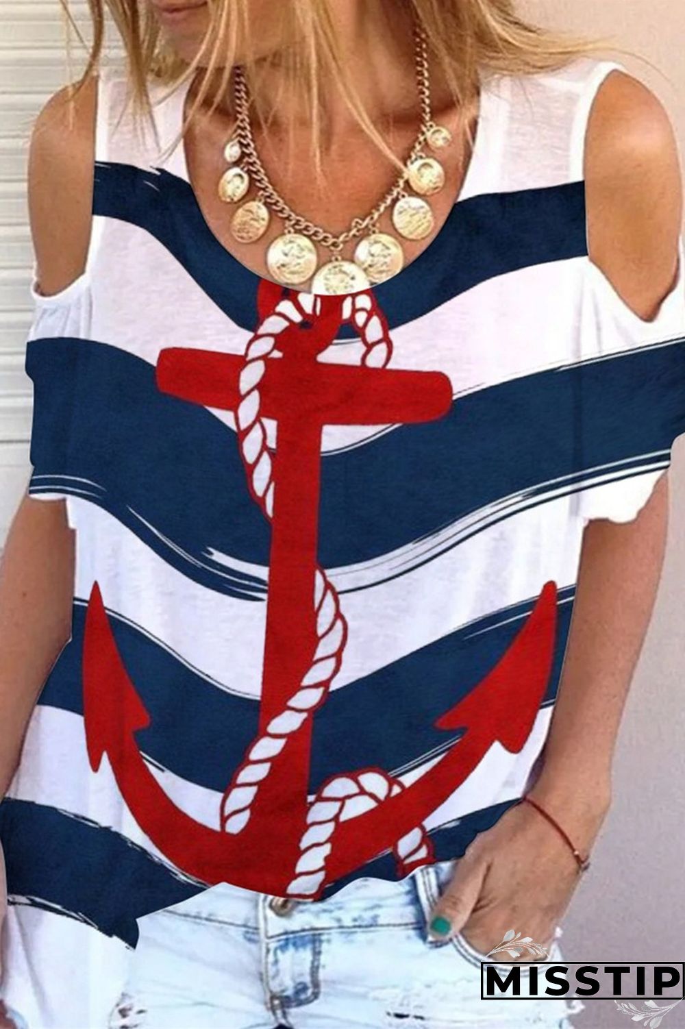 Deep Blue Fashion Casual Print Hollowed Out O Neck T-Shirts