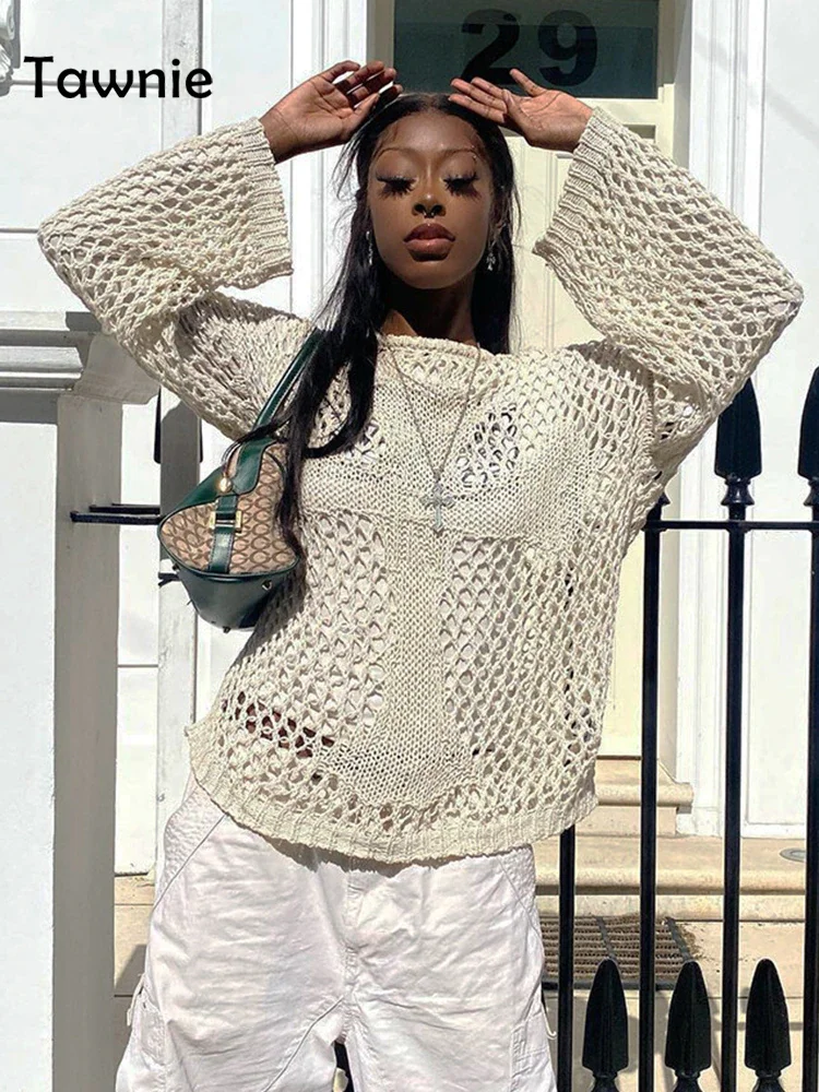 Uveng 2022 Summer Autumn Star Kintted Smock Tops Women Y2K Long Sleeve See Through Loose Pullovers T Shirts Vintage Streetwear