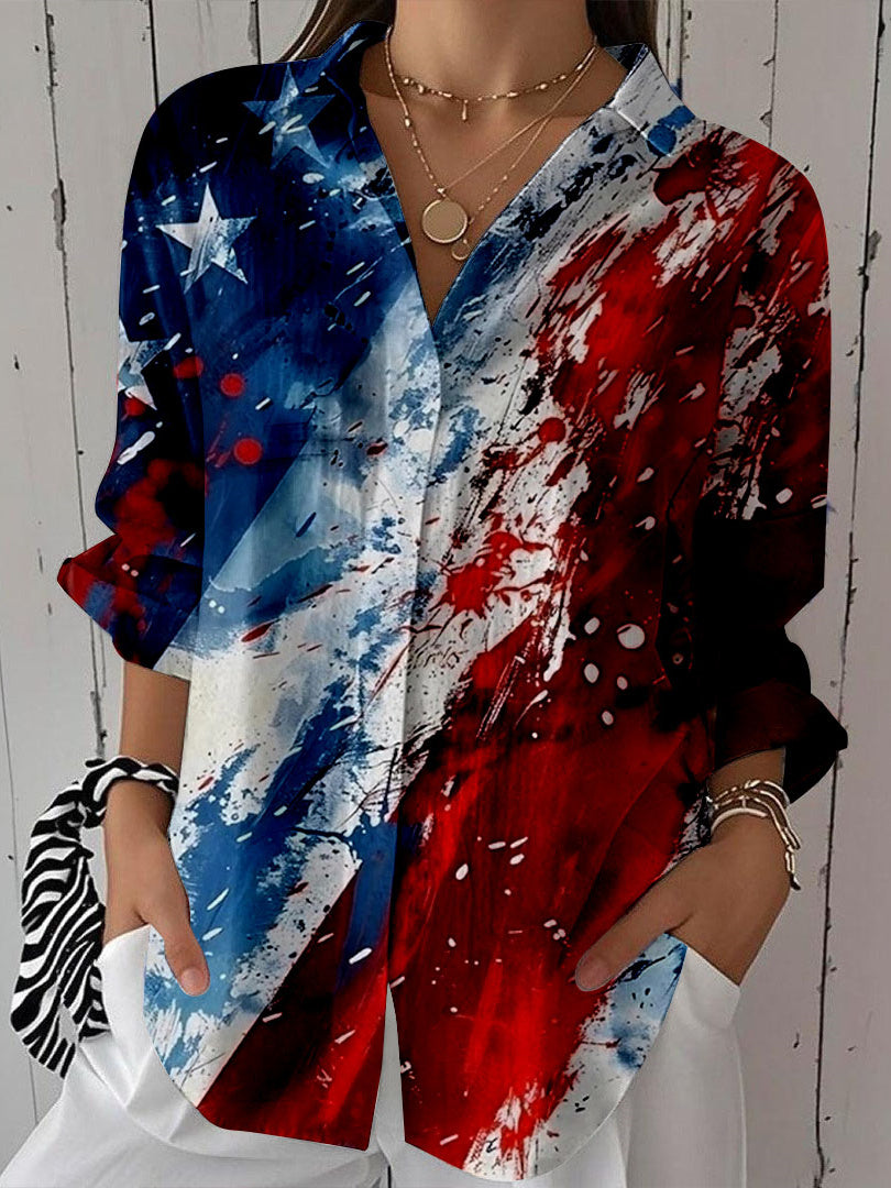 Women Long Sleeve V-neck Graphic Floral Printed Top