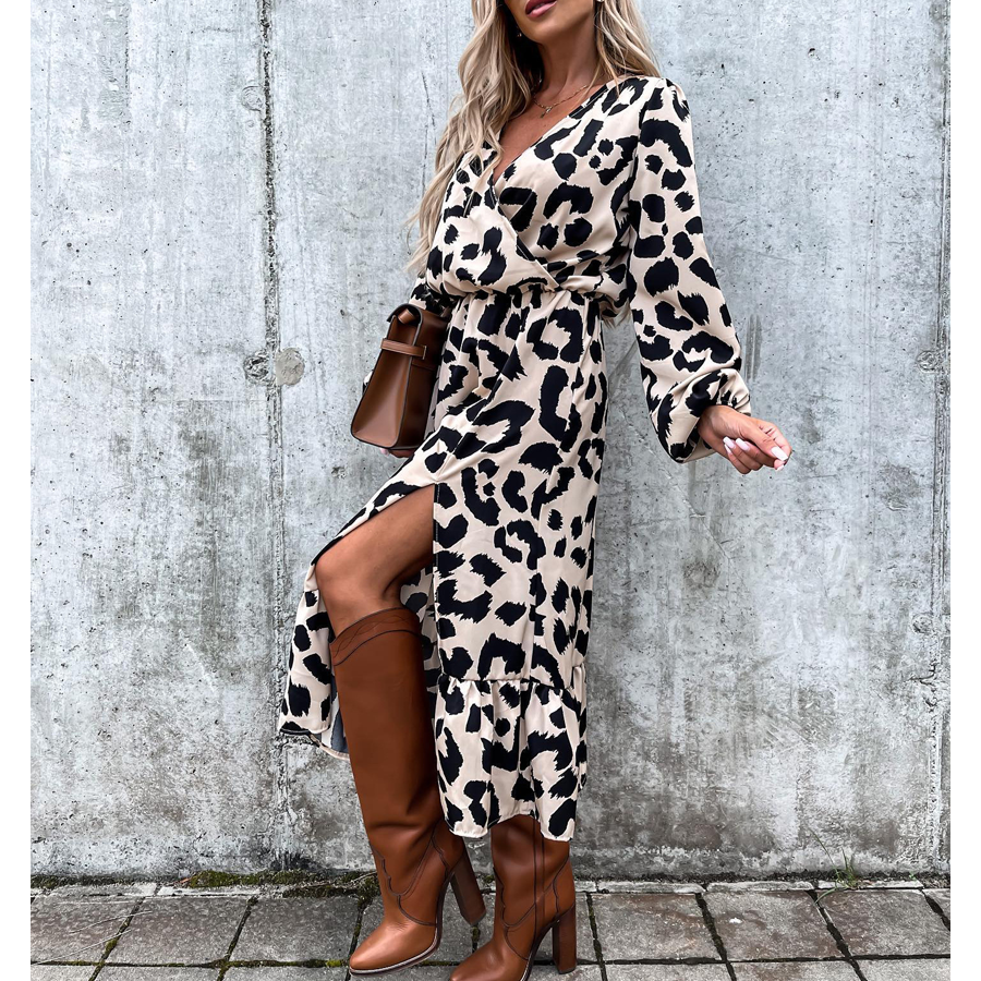 V-neck Leopard Printed Long Sleeve Slit Dress - Ladylim