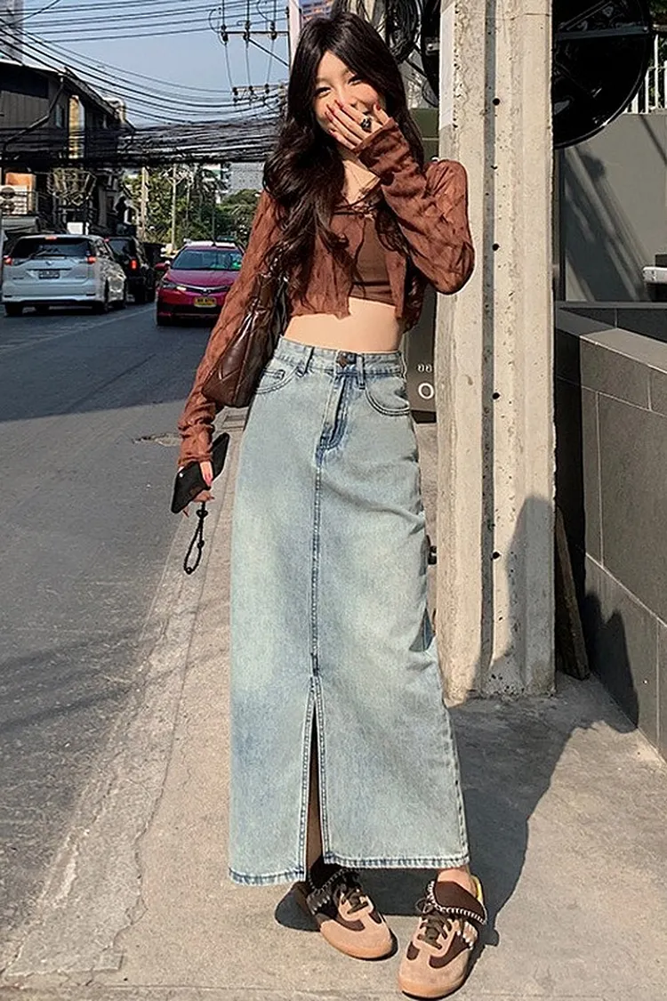 A - line Denim Maxi Skirt Featuring High Waist Front Slit and Button Fly