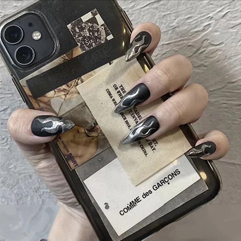 24PCS False Nails with Glue Rhinestones Long Detachable Fire Stick on Nails Coffin Flame Press on Nails Art DIY Manicure Tool-Nail Inspo