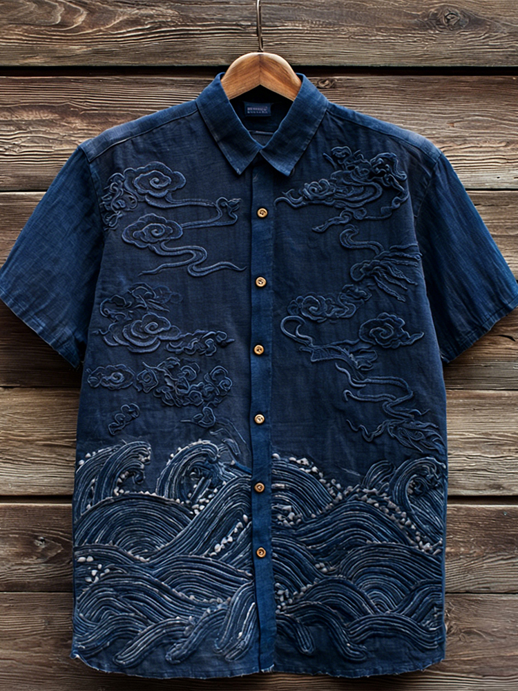 Vintage Ocean Waves Art Short Sleeve Linen Shirt  artssus