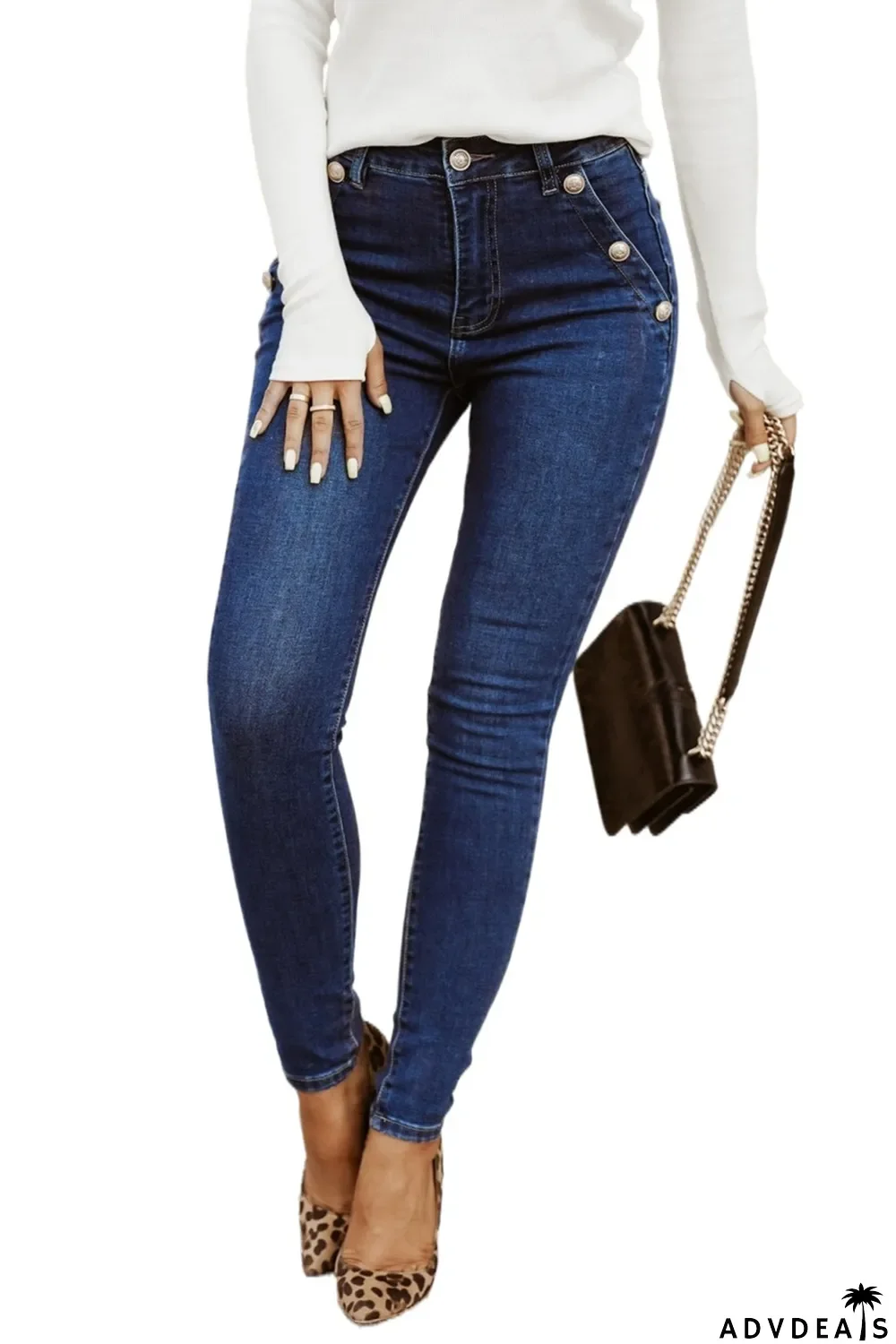 Blue Buttons Pockets High Waist Skinny Jeans