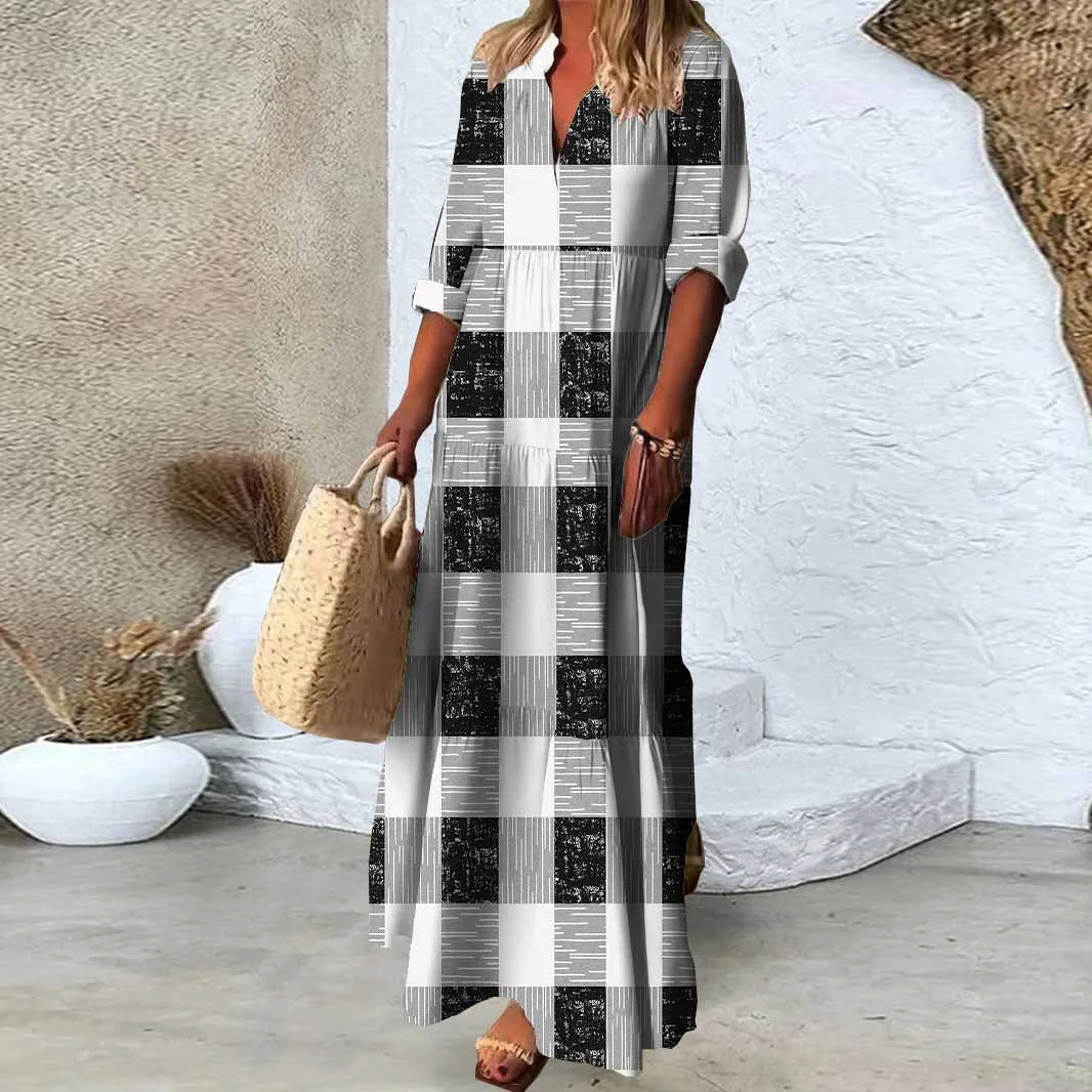 Women Plaid, Black, White DZDN0641 SPU Printed Long Sleeve V-neck Maxi Dress