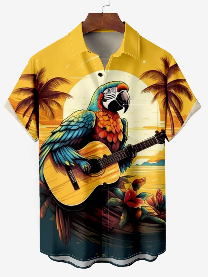 Hawaii Beach Parrot Playing Guitar Vacation Short Sleeve Shirt PLUSCLOTHESMAN