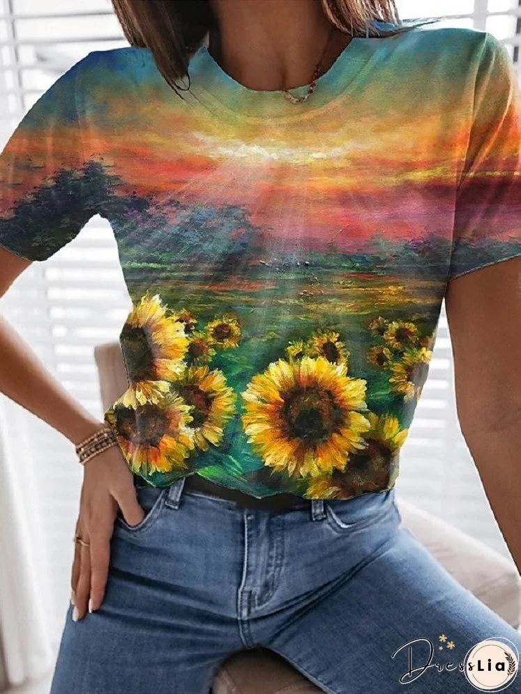 Multicolor Printed Round Neck Short Sleeve T-Shirt for Women