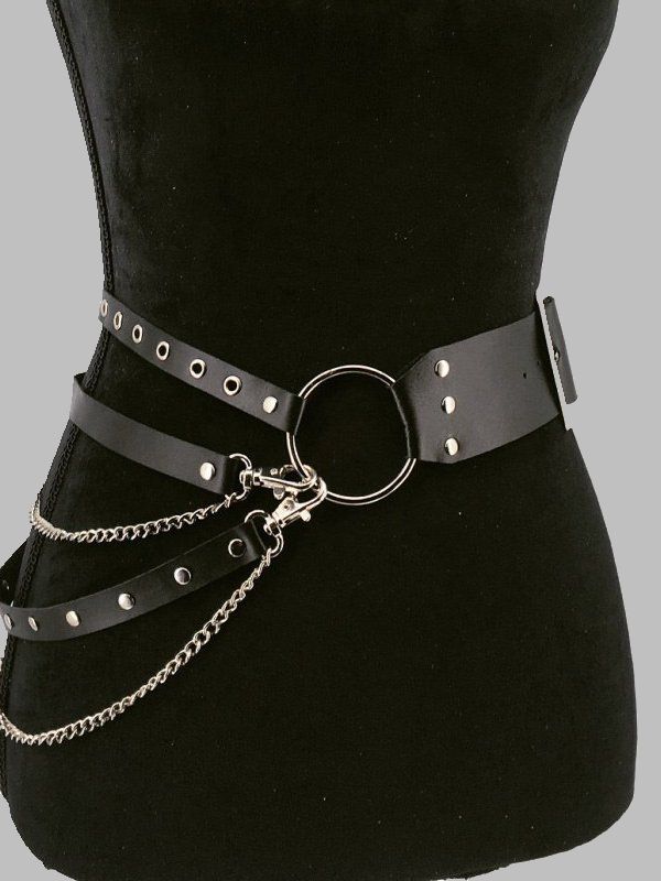 Gothic Dark Statement PU Chain-trimmed Layered Metal Ring Waist Belt