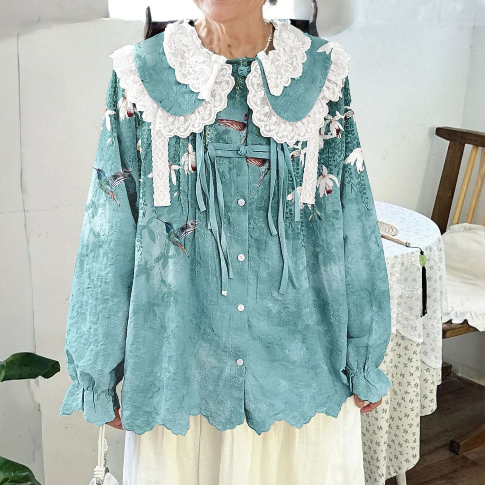 Women Printed Long Sleeve Round-neck  Cute Collar Shirts Blouses Blue