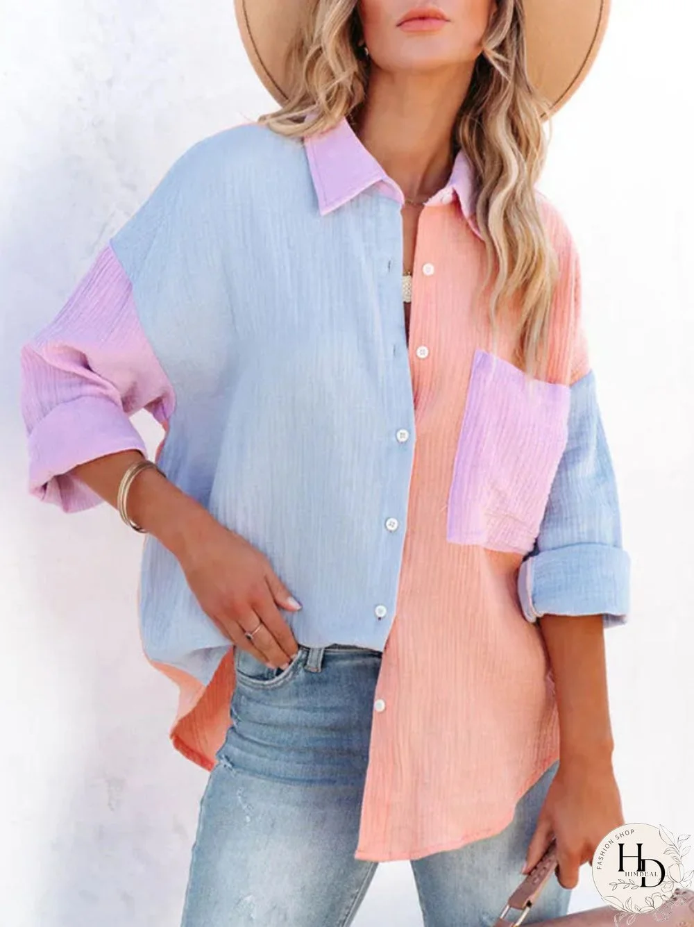 Summer New Long-sleeved Shirt Women's Contrast Color Stitching Off-the-shoulder Cardigan Shirt Fashion Casual Women's Clothing