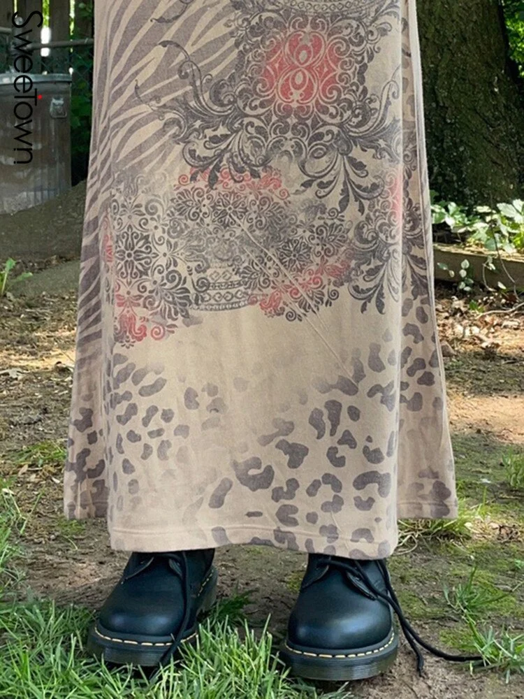 Sweetown Fairycore Grunge Y2K Midi Skirts Womens Vintage Floral Print Cute Girl Faldas Clothes Low Waist Kawaii Long Skirt 90s