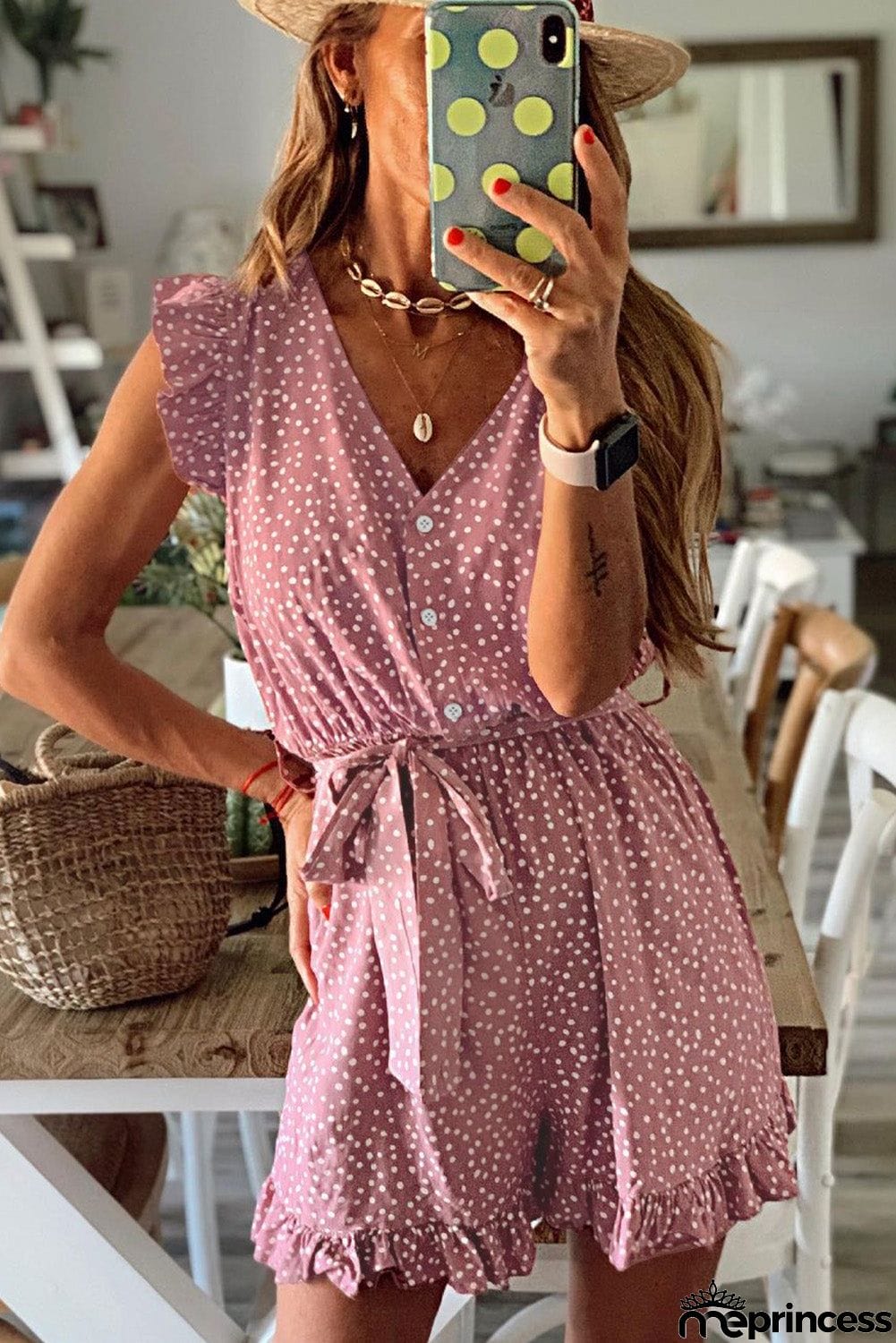 Dotted Print V Neck Romper with Waist Tie