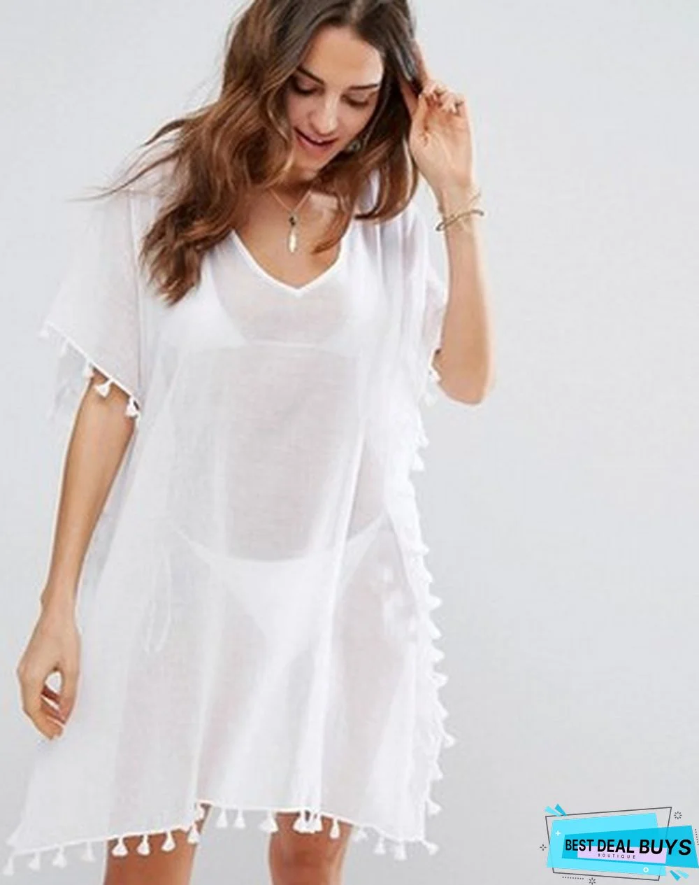 Round Neck Chiffon Tassel Dress Plus Size Loose Beach Blouse