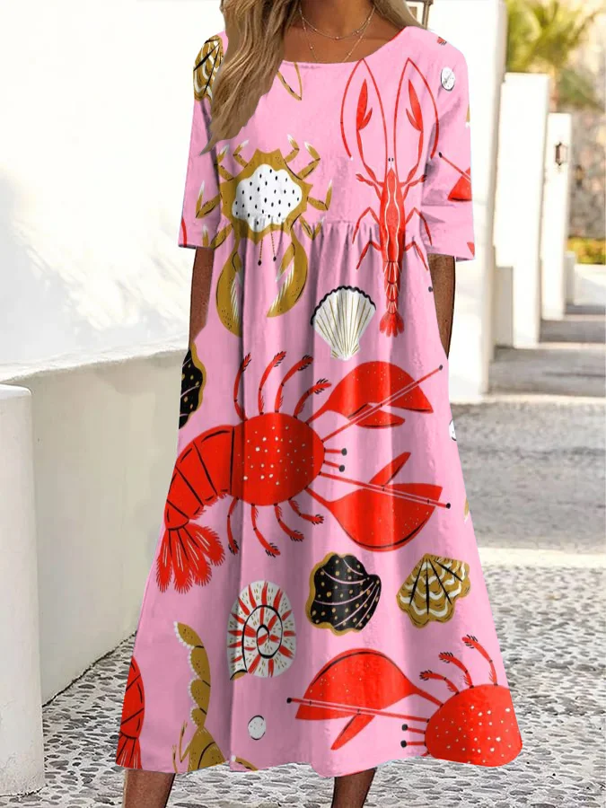 Vintage Sea World Print Round Neck Pocket Midi Dress