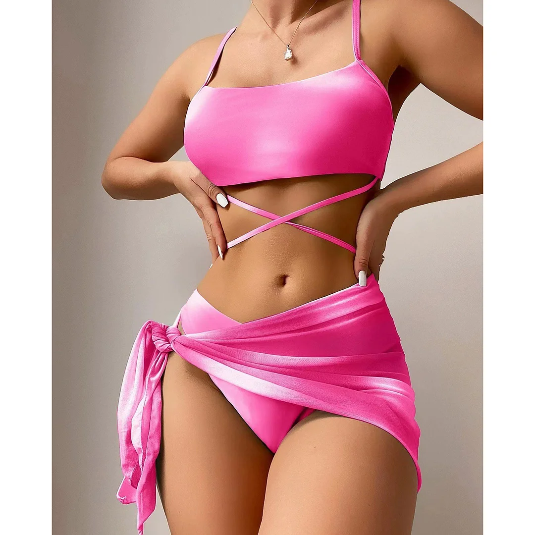 Churchf 2025 Tie-Dye Bikini Women's Three-Piece Mesh Dress Split Bikini Swimsuit
