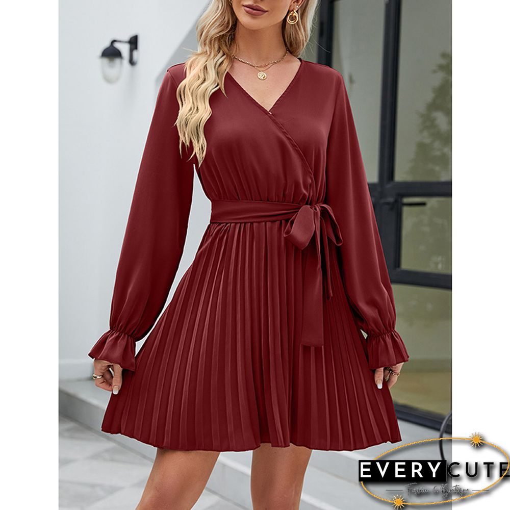 Burgundy V Neck Long Sleeve Pleated Mini Dress with Belt